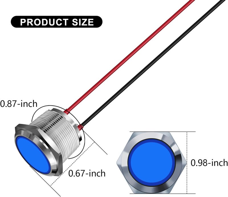 FICOLPO 5 قطع ضوء مؤشر معدني LED مقاوم للماء، 12-24 فولت، ثقب تركيب بقطر 0.87 بوصة، ضوء إشارة طيار موصل مسبقًا للسيارات والشاحنات والقوارب والبحرية والعدادات والكهرباء الصناعية (أزرق، 22 مم) - Image 3